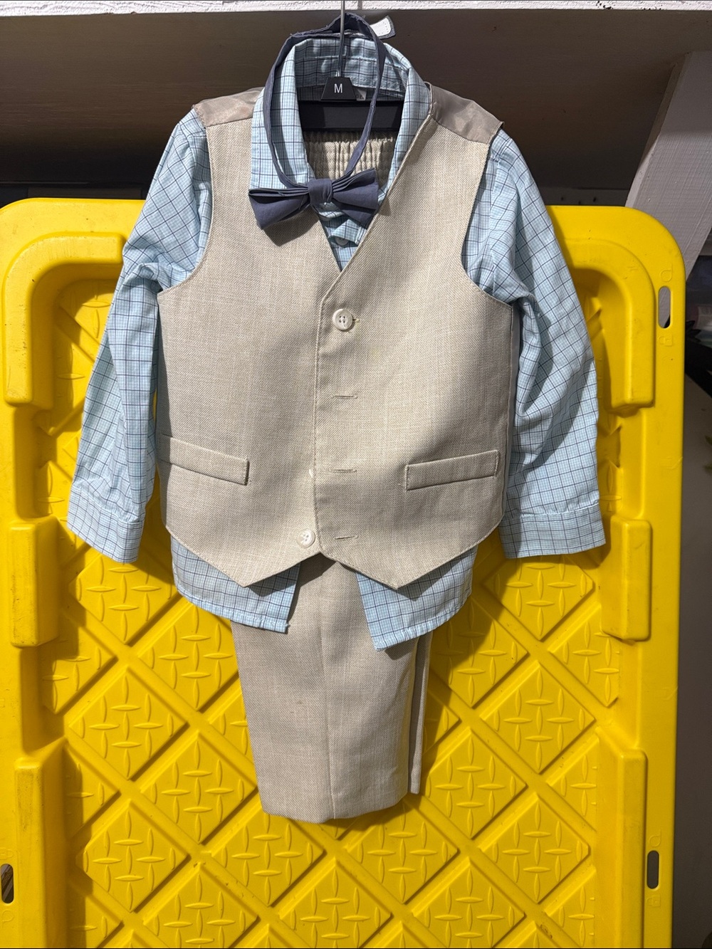 George Beige Vest Suit Set with Light Blue Plaid Shirt and Navy Bow Tie